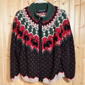 Eagles Eye Scottie Dogs Scottish Terriers Multicolor Hand Knit Zip Sweater Sz S